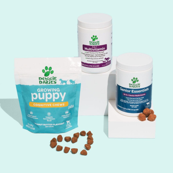 Growing Puppy Cognitive Chews, 5-in-1 Multivitamin, and Senior Essentials 10-in-1 Multivitamin