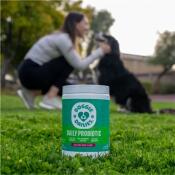 doggie dailies probiotic jar sitting in grass with dog and owner blurred in background